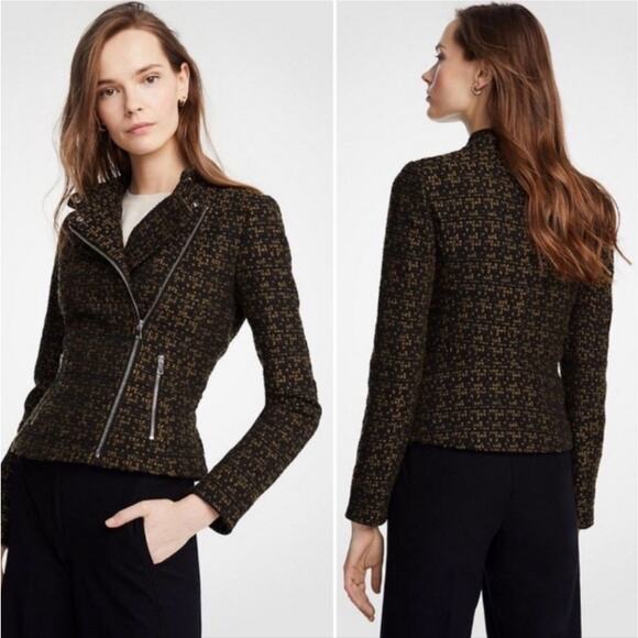 Tweed Moto Jacket Ann Taylor Green & Black Size 10 Business Casual Biker Style - Picture 2 of 10